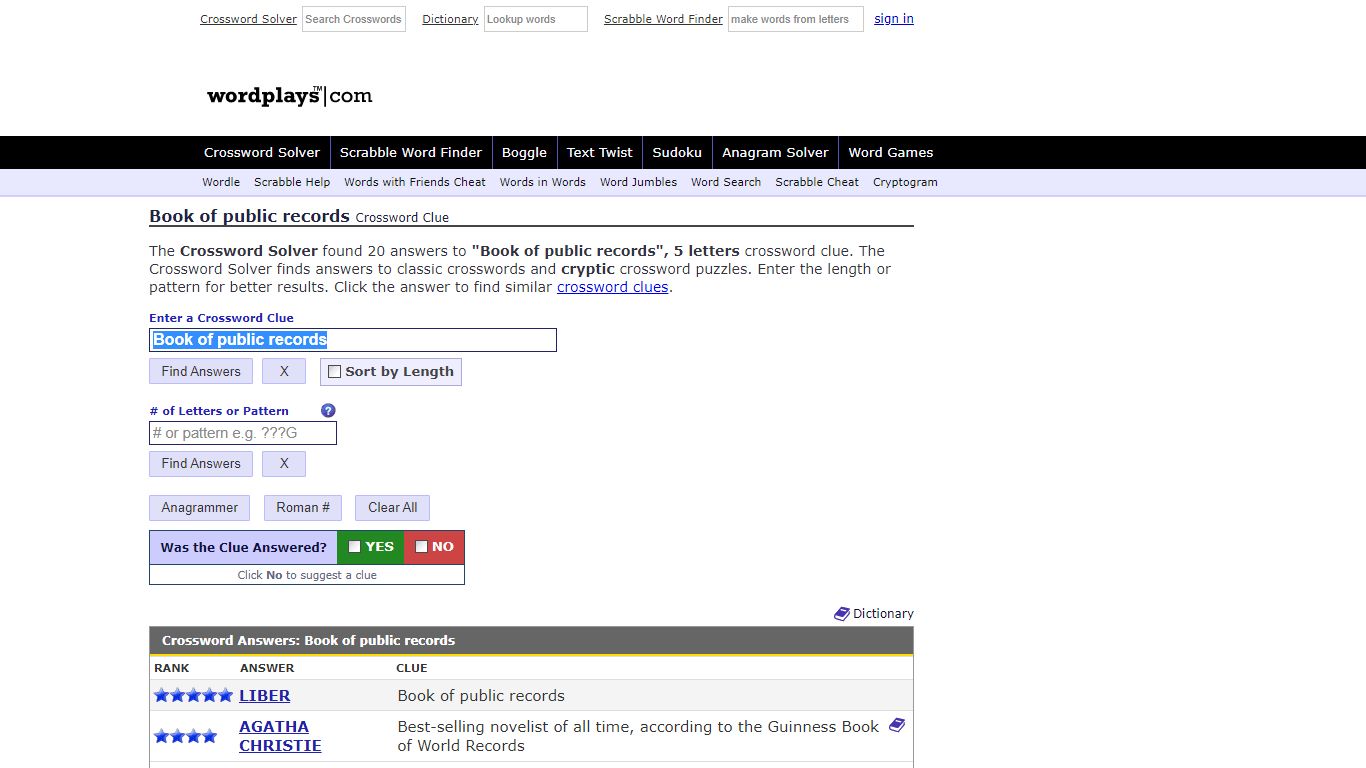 Book of public records Crossword Clue | Wordplays.com