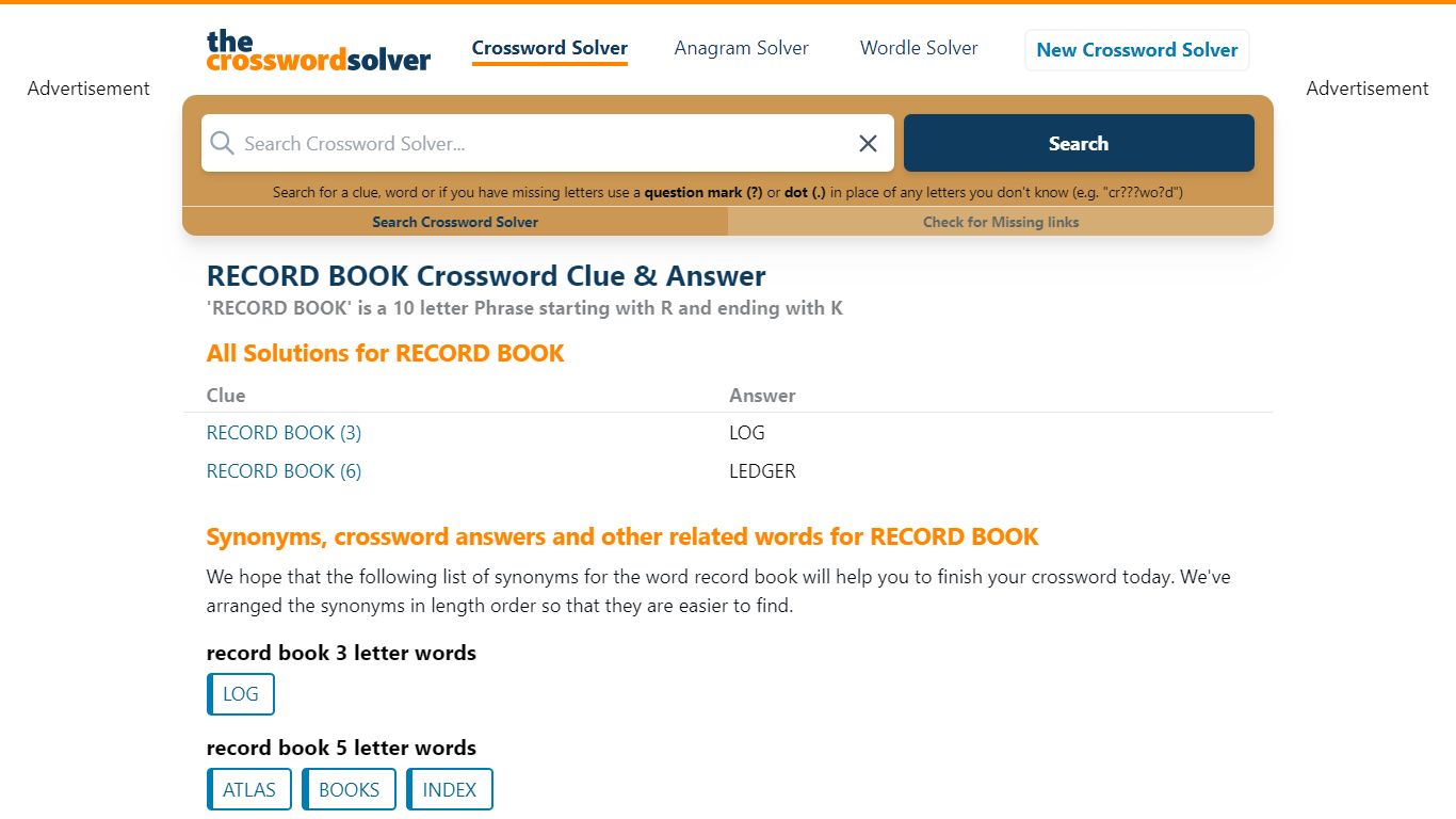 RECORD BOOK - All crossword clues, answers & synonyms