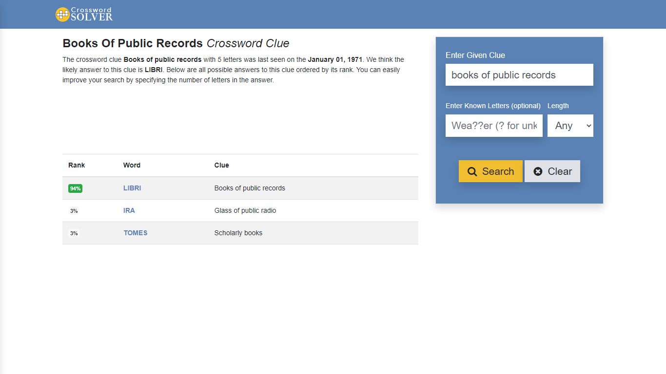 Books Of Public Records - Crossword Clue Answers - Crossword Solver