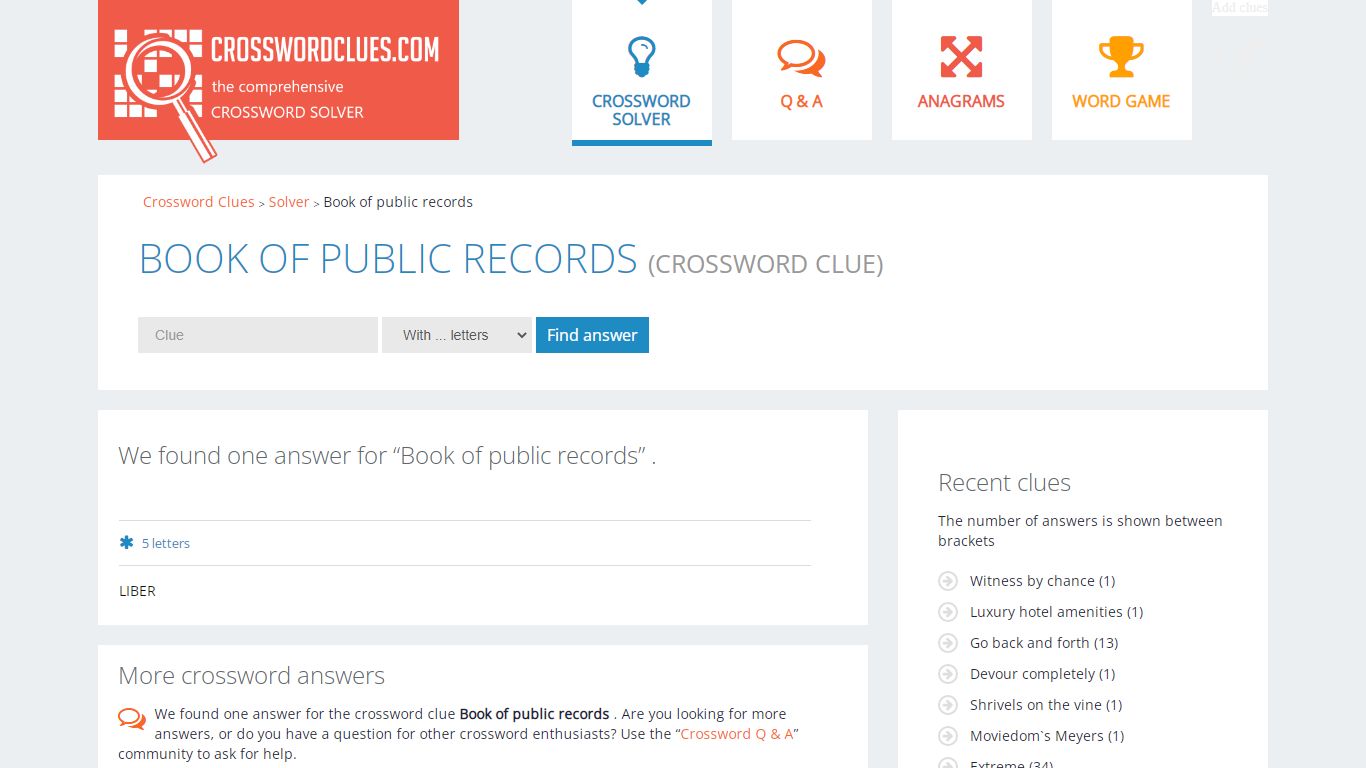 Book of public records - 1 answer | Crossword Clues