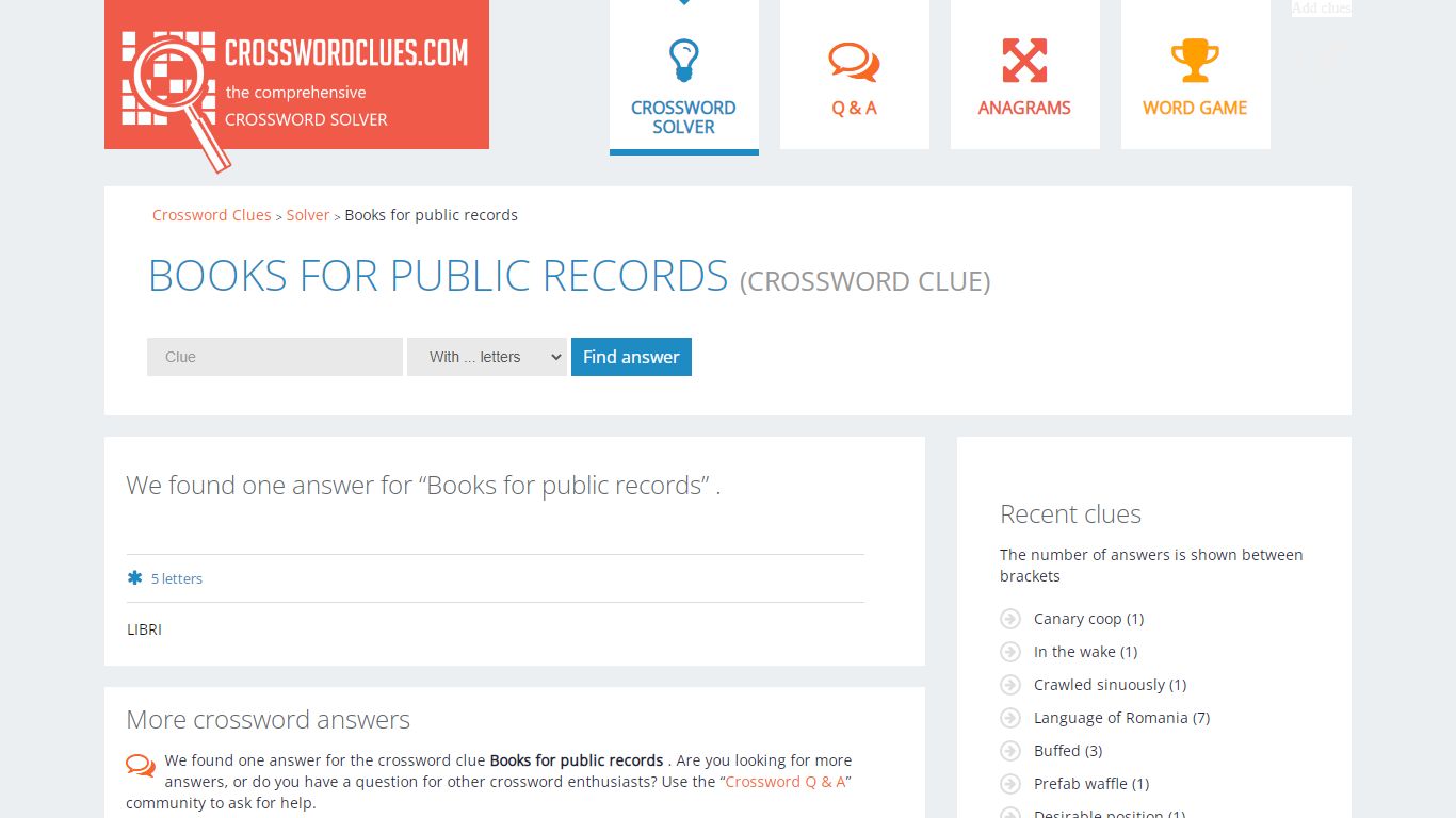 Books for public records - 1 answer | Crossword Clues