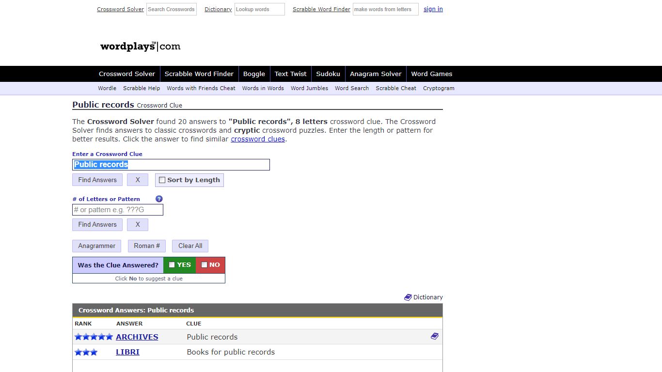 Public records Crossword Clue | Wordplays.com